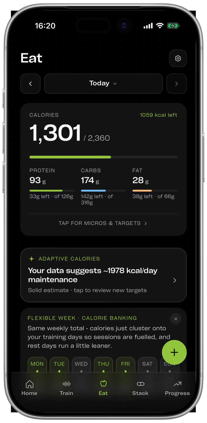 The nutrition screen, showing the day's energy and macronutrients against their targets, with an adaptive maintenance estimate drawn from logged data