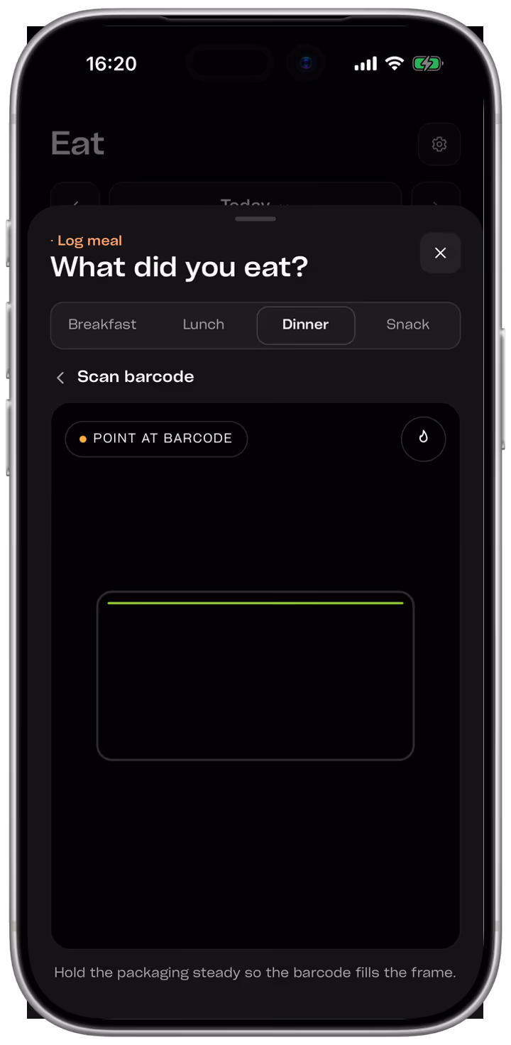 The barcode scanner, framing a product label to log it without typing