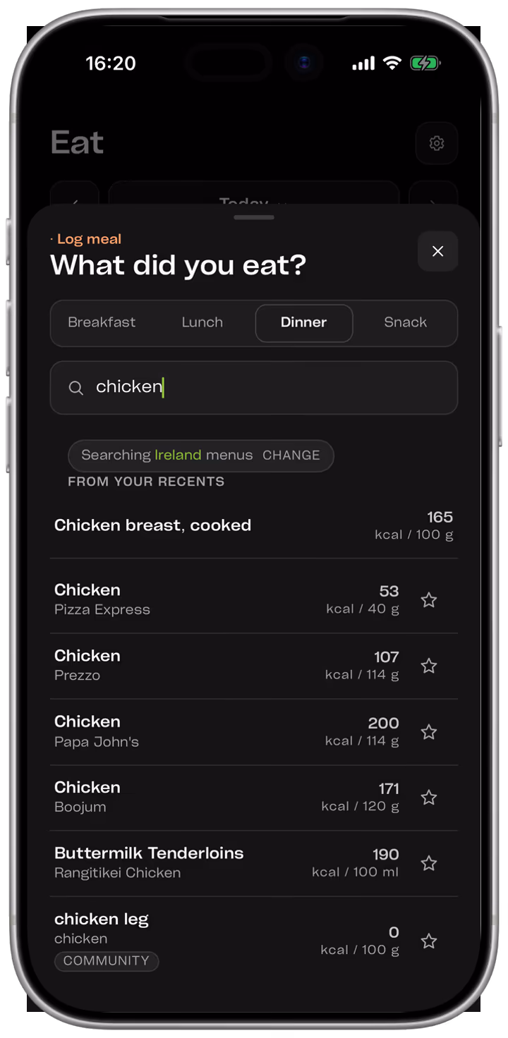 Food search results, with foods already logged before ranked above chain restaurant menus for the selected country