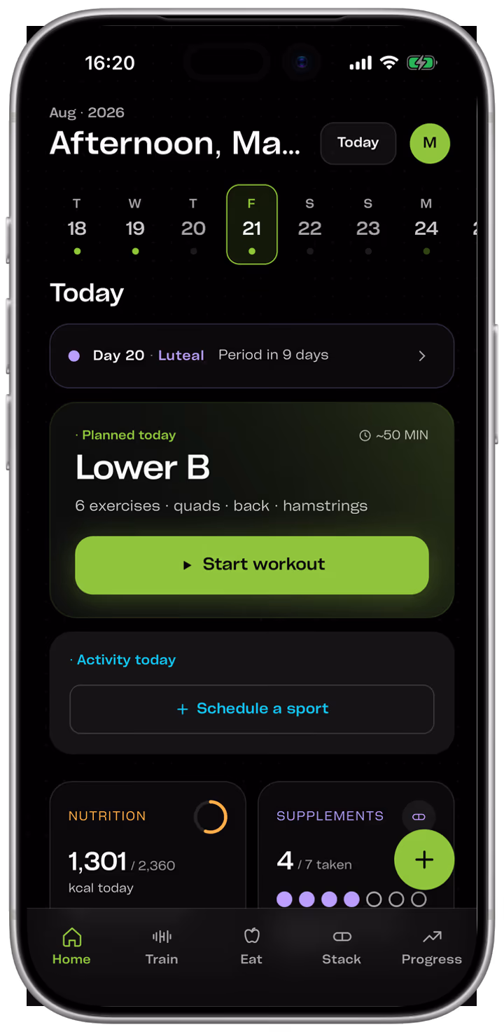 The home screen with cycle tracking on, showing the current phase and days until the next period above the day's planned session