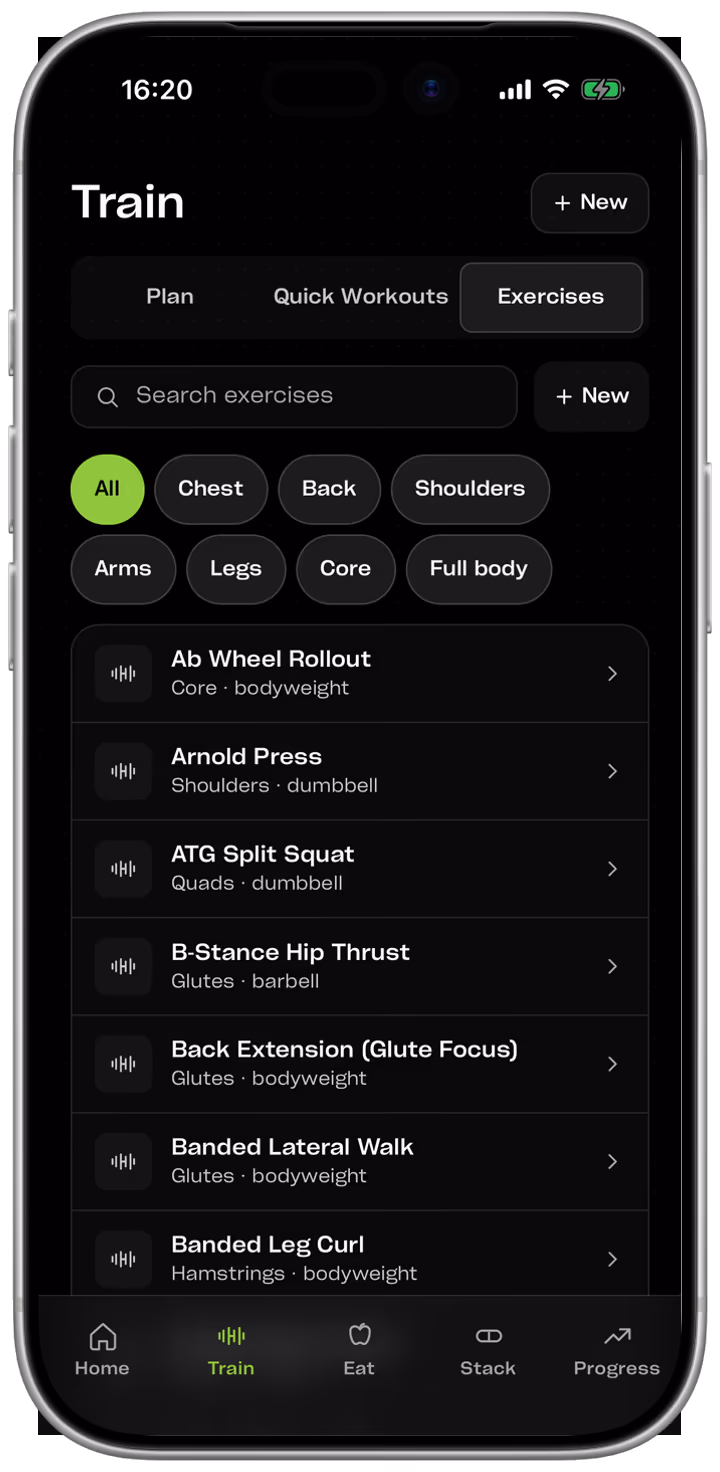 The exercise library, filtered by muscle group, each movement tagged with the muscle it trains and the equipment it needs
